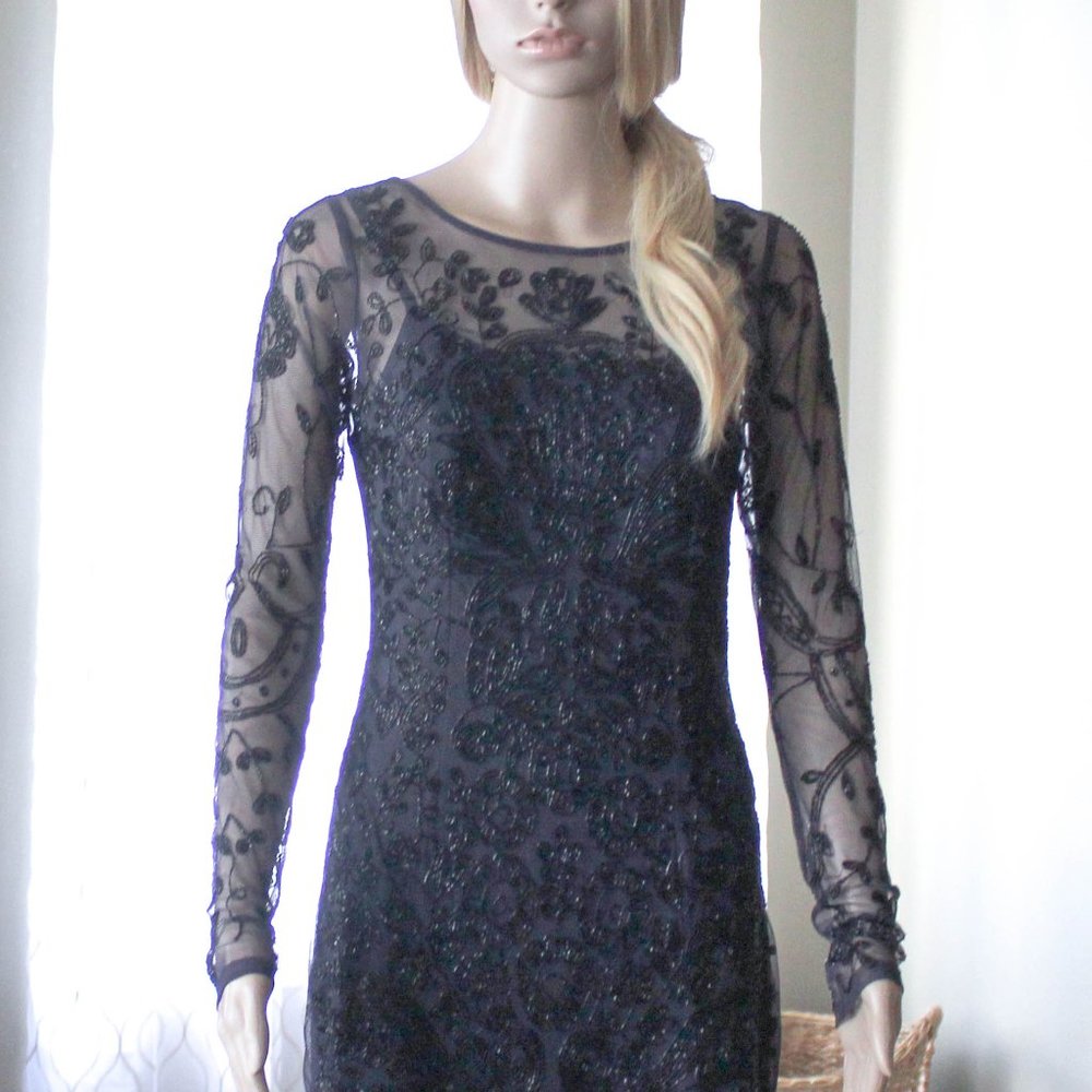 AIDAN MATTOX  Navy blue beaded dress with long sleeves